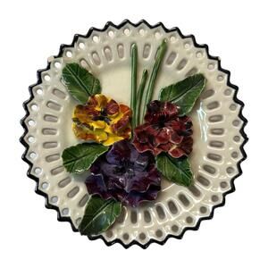 Antique 6” Ceramic Floral Wall Plate with Purple Pink Yellow Flowers Leaves